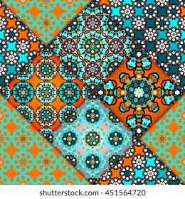 Vector abstract seamless patchwork pattern. Arabic tile texture with geometric and floral ornaments. Decorative elements for textile, book covers, print, gift wrap. Vintage boho style.