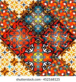 Vector abstract seamless patchwork pattern. Arabic tile texture with geometric and floral ornaments. Decorative elements for textile, book covers, print, gift wrap. Vintage boho style.