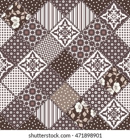 Vector abstract seamless patchwork pattern with geometric and floral  ornaments, stylized flowers, dots, snowflakes and lace. Vintage boho style.