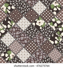 Vector abstract seamless patchwork pattern with geometric and floral  ornaments, stylized flowers, dots, snowflakes and lace. Vintage boho style.