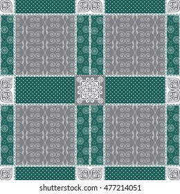 Vector abstract seamless patchwork pattern with geometric and floral  ornaments, stylized flowers, dots, snowflakes and lace. Vintage boho style.