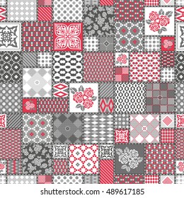 Vector abstract seamless patchwork pattern with geometric and floral ornaments, stylized flowers. Vintage boho style.