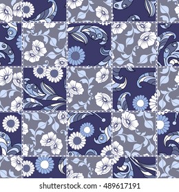 Vector abstract seamless patchwork pattern with geometric and floral ornaments, stylized flowers. Vintage boho style.