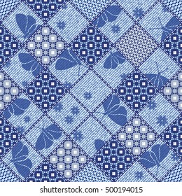 Vector abstract seamless patchwork pattern with geometric and floral ornaments, stylized flowers, jeans. Vintage boho style.