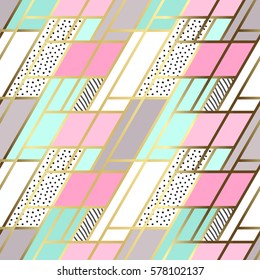 Vector abstract seamless patchwork pattern with geometric and floral ornaments, stylized flowers, dots and gold outline. Pastel blue lilac pink background.