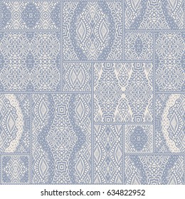 Vector abstract seamless patchwork pattern from light blue and beige ethnic ornaments. Wallpaper background. Exotic batik, fantasy ikat tracery, textile print design, wrapping paper, album cover