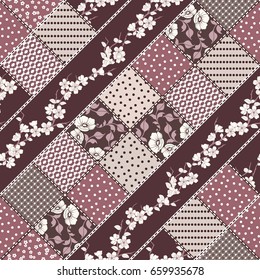 Vector abstract seamless patchwork pattern with geometric and floral ornaments, stylized flowers, dots and lace. Vintage boho style.