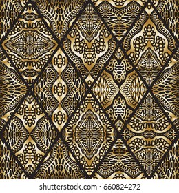 Vector abstract seamless patchwork pattern from golden and black ethnic ornaments. Wallpaper background. Exotic batik, fantasy ikat tracery, textile print design, wrapping paper, album cover