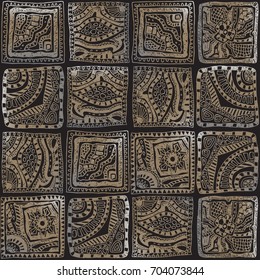 Vector abstract seamless patchwork pattern. Hand drawn golden squares with geometrical ornament, doodle stripes on a black background. Wallpaper, American Indian, Aztec, Peruvian  print
