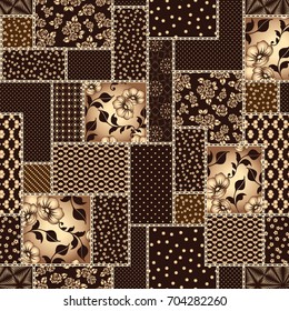 Vector abstract seamless patchwork pattern with geometric and floral gold ornaments, stylized flowers. Vintage boho style.