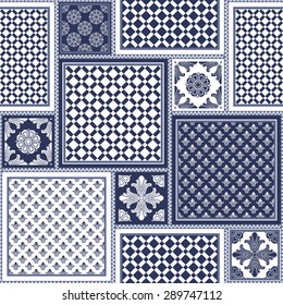 Vector abstract seamless patchy background from dark blue and white ornaments, geometric patterns, stylized flowers and leaves