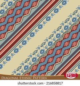 Vector abstract seamless pattern. 45 degrees diagonal illustration of color lines and ornates.