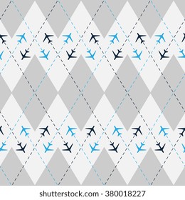 Vector abstract seamless pattern with airplane. Geometric background