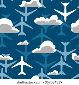 Vector abstract seamless pattern with airplanes and clouds