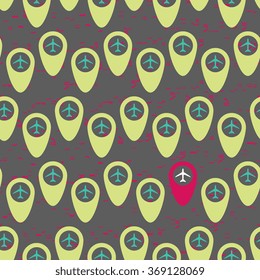 Vector abstract seamless pattern with airplanes and map tags