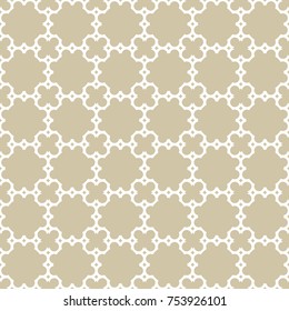 Vector abstract seamless pattern in Arabian style. Gold and white ornamental background with curved lines, floral shapes, delicate grid, lattice. Luxury golden ornament texture. Repeat design element
