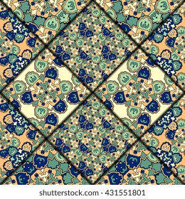 Vector abstract seamless pattern. Arabic tile texture with geometric and floral ornaments. Decorative and design elements for textile, book covers, wallpapers, print, gift wrap. Vintage boho style.