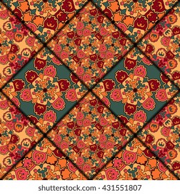 Vector abstract seamless pattern. Arabic tile texture with geometric and floral ornaments. Decorative and design elements for textile, book covers, wallpapers, print, gift wrap. Vintage boho style.
