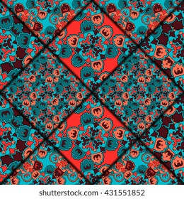 Vector abstract seamless pattern. Arabic tile texture with geometric and floral ornaments. Decorative and design elements for textile, book covers, wallpapers, print, gift wrap. Vintage boho style.