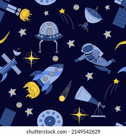 Vector abstract seamless pattern of an astronaut, planets, galaxy, asteroids, stars, telescope, shuttle, space station, UFO. Science fiction drawing for poster, cover or background.