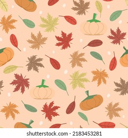 Vector - Abstract seamless pattern of autumn, Fall concept. Pumpkin, maple leaves on orange background. Can be use for print, fabric, card, wrapping, backdrop
