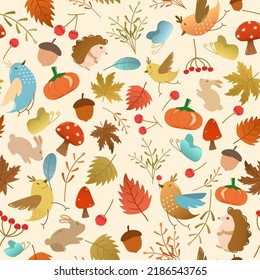 Vector - Abstract seamless pattern of autumn, Fall concept. Pumpkin, maple leaves, bird, mushroom, cherry, bunny, porcupine. Can be use for print, fabric, card, wrapping, backdrop. wallpaper