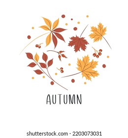 Vector abstract seamless pattern of autumnal leaves. An invitation to the of the autumn season. Minimalistic postcard with nature leaves, trees, pumpkins, abstract shapes. Vector illustration.