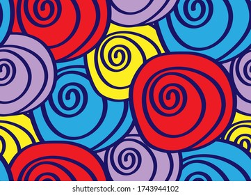 Vector abstract seamless pattern background with simple drawings of red, blue, yellow and purple roses with a black outline