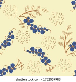 Vector abstract seamless pattern with berries, twigs, circles. Simple floral texture in doodle style. Modern background with hand drawn elements. Blue, yellow and brown color. Repeatable design