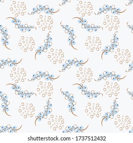 Vector abstract seamless pattern with berries, small circles. Simple floral texture in doodle style. Modern background with hand drawn elements. White, blue and brown color. Repeat decorative design