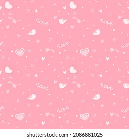 Vector - Abstract seamless pattern of bird, heart, wording love and star on pink background. Valentine’s , wedding. Can be use for card, print, paper, wrapping, fabric.