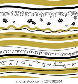 Vector abstract seamless pattern,  black and yellow stripes, spirals, animal tracks, on the theme of Africa, on a white background. hand drawing. Scandinavian minimalism. 