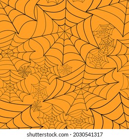 Vector - Abstract seamless pattern of black cobweb on orange background. Can be use for print, paper, fabric, wrapping or decorate card, poster, banner.
