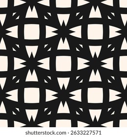 Vector abstract seamless pattern. Black and white floral geometric grid texture. Elegant monochrome background with flowers, stars, intersecting lines, mesh, net, lattice. Repeated ornamental design