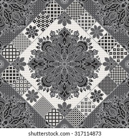 Vector abstract seamless pattern from black, dark grey, and light beige oriental ornaments, geometrical patterns,  decorative rosette from stylized flowers.