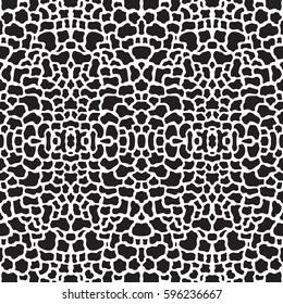 Vector abstract seamless pattern with black chaotic spots on a white background. Animal fur, nature skin print, ikat textile, lace design, wallpaper, wrapping paper, album cover