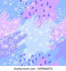 Vector abstract seamless pattern “snowstorm” with blue, pink and violet texture spots and color splashes with snowflakes. Winter texture for wrapping, textile, wallpaper, apparel.