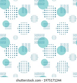 Vector abstract seamless pattern. Blue isolated stylish modern geometric shapes on white background. Circles, dots and specks to decorate the background or wrapping paper.