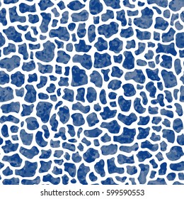 Vector abstract seamless pattern from blue chaotic spots with watercolor texture on a white background. Nature skin print, textile design, wallpaper, wrapping paper, album cover, batik painting