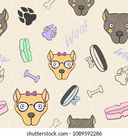 Vector abstract Seamless pattern with Bone, collar, bowl forage, bulldog dog boy and girl. Cute art for background and wallpaper, print on postcards, cloth, school supplies or cover notebook.