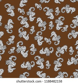Vector. Abstract seamless pattern for boys, girls, clothes, wallpaper. Hippocampus watercolor illustration on brown, white and black background. Fantasy nice illustration.