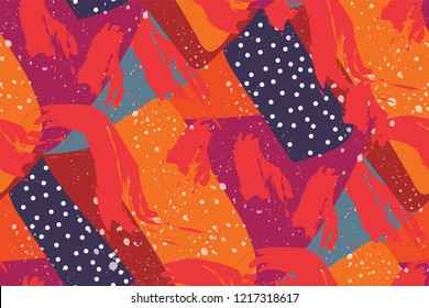 Vector abstract seamless pattern.  Brush strokes and triangles, squares. Hand drawn texture.