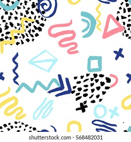 Vector abstract seamless pattern with bush strokes in memphis style.