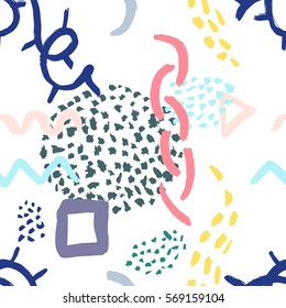 Vector abstract seamless pattern with bush strokes in memphis style. Background for printing brochure, poster, party, vintage textile design, card, cover, web, fabric, invitation, 