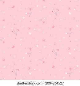 Vector - Abstract seamless pattern Butterfly, flower, mini heart and dot on pink background. Can be use for print, paper, card, fabric, wrapping. Valentine, wedding card.