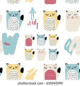 Vector abstract seamless pattern with cats. Minimalistic surface pattern design with animals. Colored kids pattern for textile, paper, book, game, cards, banner, web design.