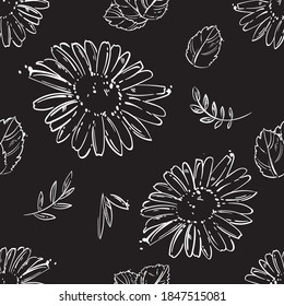 Vector abstract seamless pattern with chamomile and mint. Hand drawing