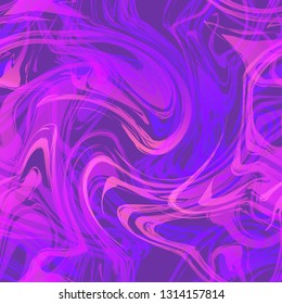 Vector abstract seamless pattern with chaotic marbling neon pink and blue ornament on the violet background.