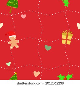 Vector - Abstract seamless pattern of Christmas collection. Tree, gift box, gingerbread, flower and minim heart on red background. Merry X'mas and Happy New Year. Seasonal greeting.