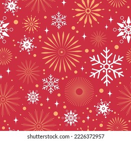 Vector abstract seamless pattern. Christmas and New Year. Snowflakes, fireworks and decorations. Red, gold and white color. Element for design and decor.